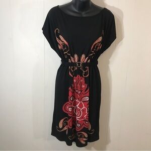 Suzy Shier Black and Floral Print Dress with Belt Small